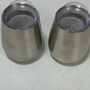 Set of 2 Hickory Farms Wine Tumblers Stainless Steel Silver With Lids Lidded